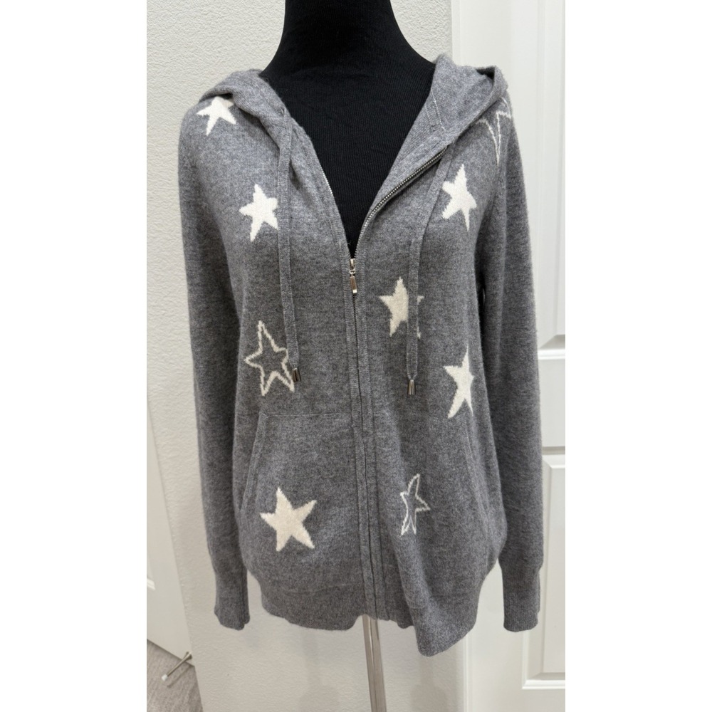 Women's In Cashmere Gray Knit Sweater S Hoodie w/Stars FullZip Small Cozy Luxury